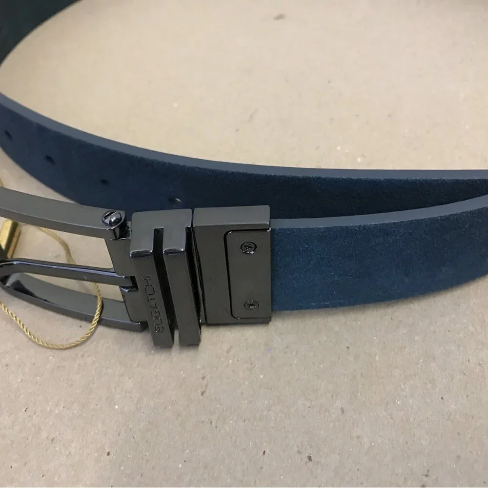 Bruno Magli Men's Blue Tartan Plaid Reversible Leather Belt